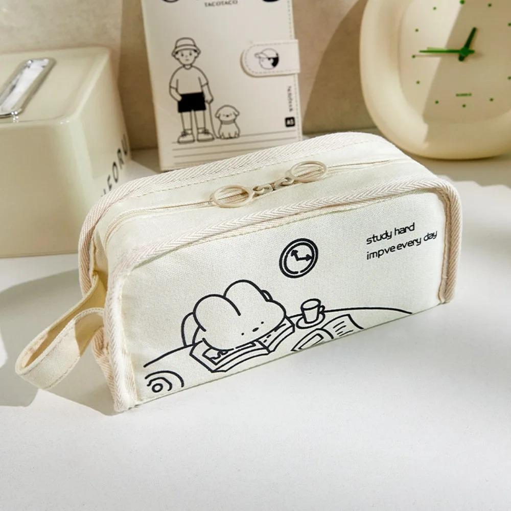 Cartoon Canvas Large Capacity Pen Bag New Portable Cosmetic Stationery Multi-Use Organizer