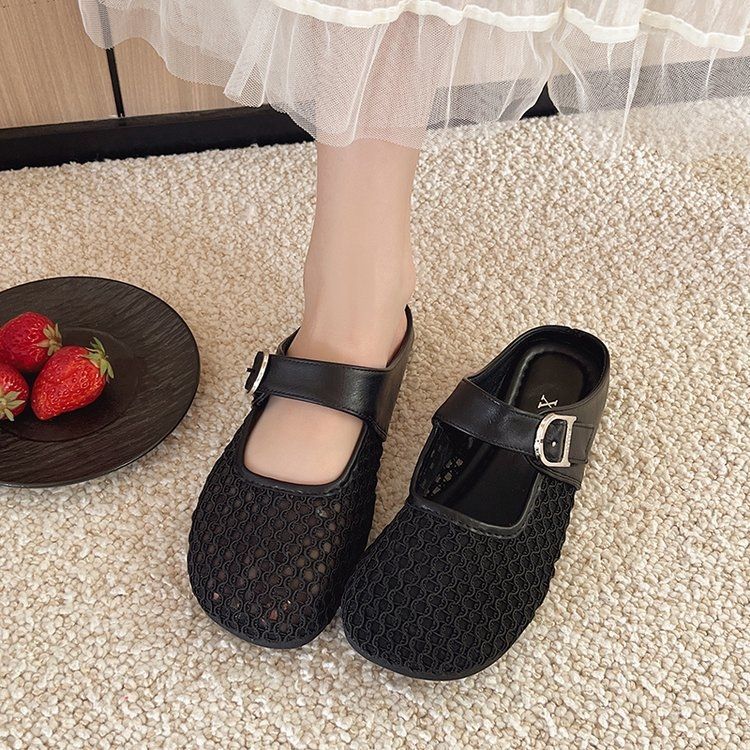 Woven mesh breathable bag head half slippers women's summer wear 2025 new flat-bottomed foreign style one-word women's cool slippers