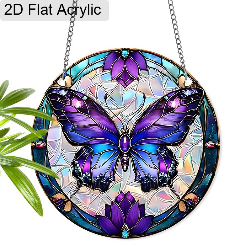 Acrylic Purple Butterfly with Floral Suncatcher, Stained Glass Style Window Hanging for Nature and Butterfly Lovers