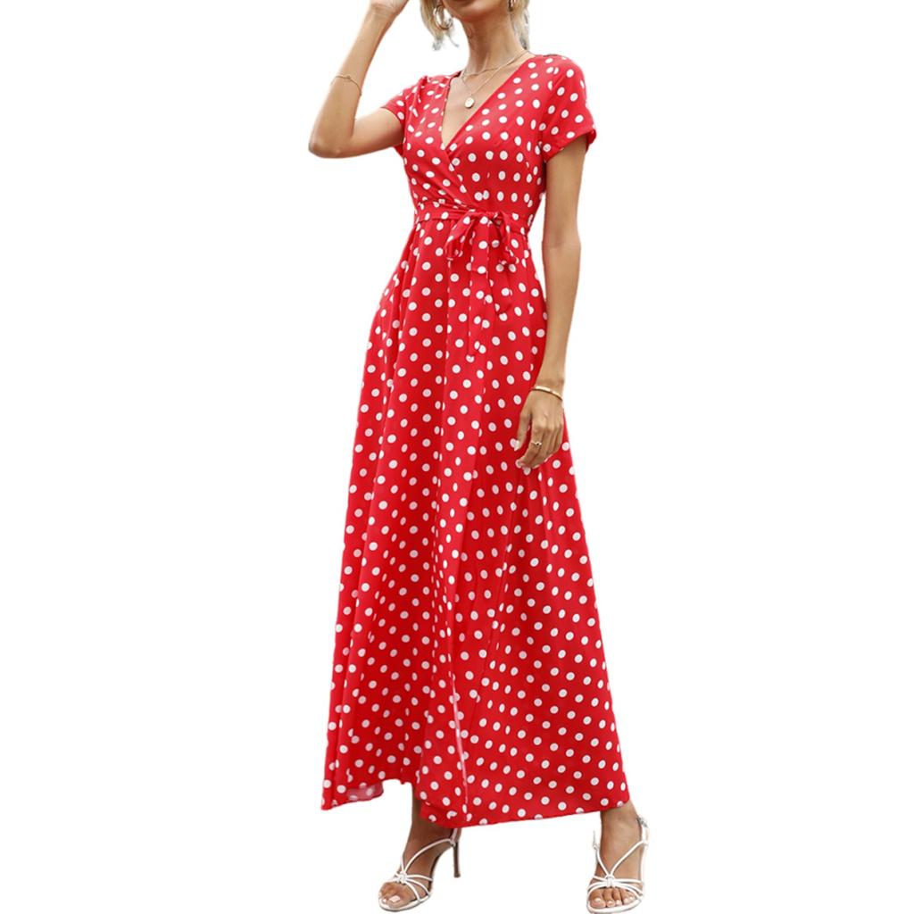 Women's Dresses Casual Elegant Waisted Polka Dot Split V-Neck Short Sleeve Dresses