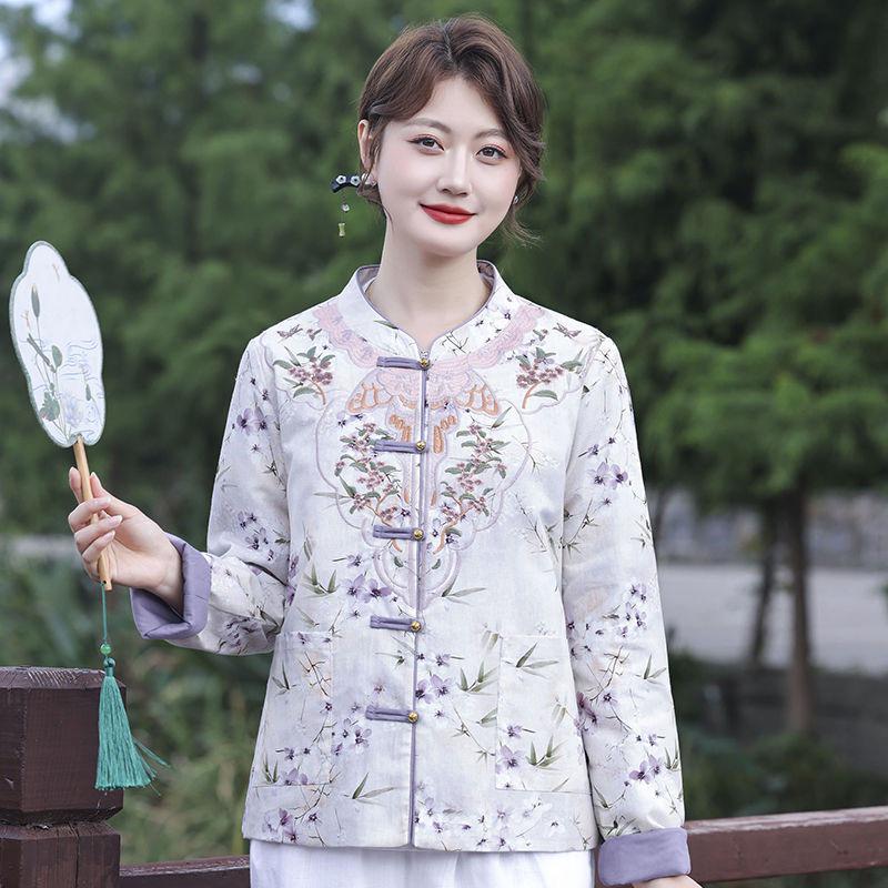 Mom's New Chinese Style Quilted Jacket with Frog Button & Embroidery for Middle-Aged and Elderly Women - Autumn/Winter