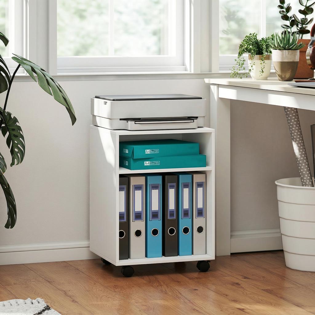 Printer Stand Printer Table with 2 Open Shelves, Lockable Casters for Office Home Fax Scanner 40 X 35 X 56 Cm White