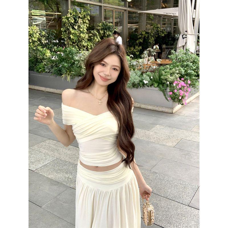 Kumikumi Pure Desire Set Pleat Cross off-Neck T-shirt Women Summer Drape High Waist Skirt Two-piece Set