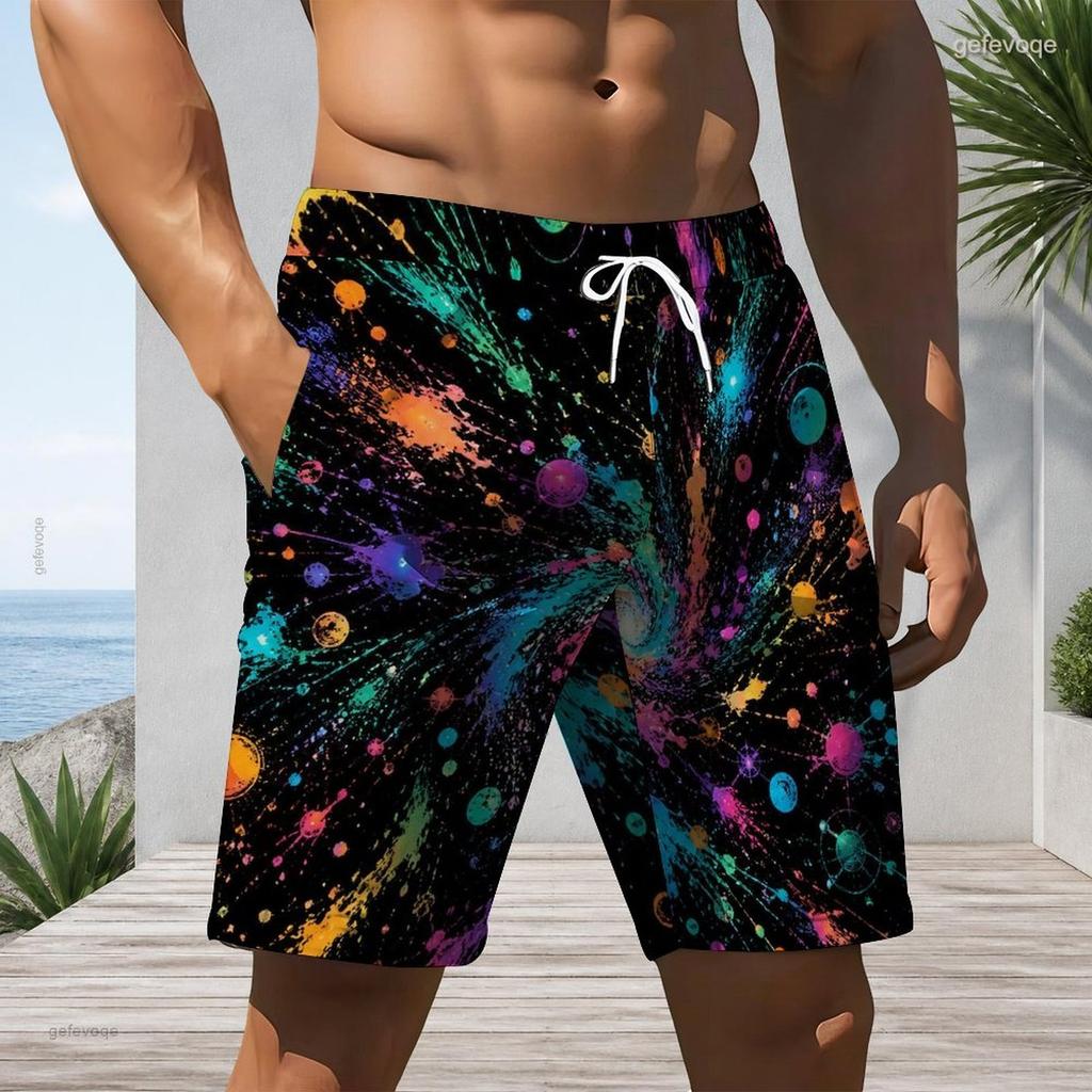 Men Plus Size Abstract Gradient Print Beach Shorts Elastic Waist Drawstring Loose Casual Shorts With Pockets For Swimming Surfing Summer Vacation