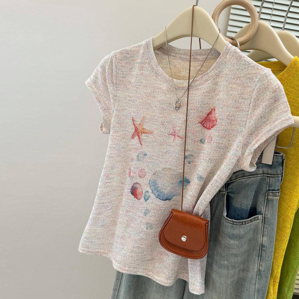 Women's 2025 Summer Slimming Printed Round Neck T-Shirt with Straight Shoulder Design and Short Sleeves
