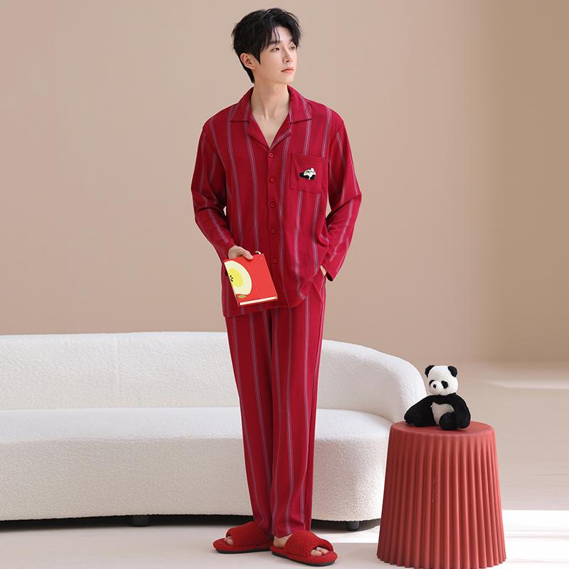 Pure Cotton Red Pajamas Wedding Couple Spring and Autumn One Man and One Woman New Wedding Striped Loungewear Long-sleeved Suit