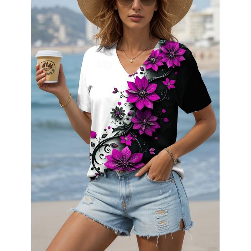 Women's T Shirt Floral Graphic Vintage Stylish Short Sleeve V Neck Streetwear Tops Oversized Clothing Print
