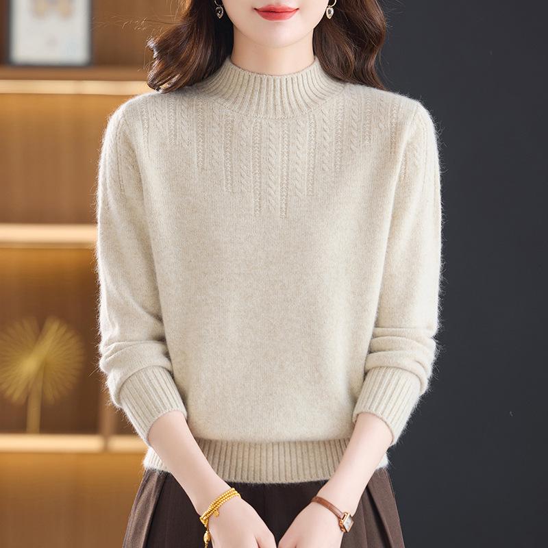 Women's Thickened Cashmere Sweater - Autumn/Winter New Style, Half-High Collar, Warm Wool Base Layer.