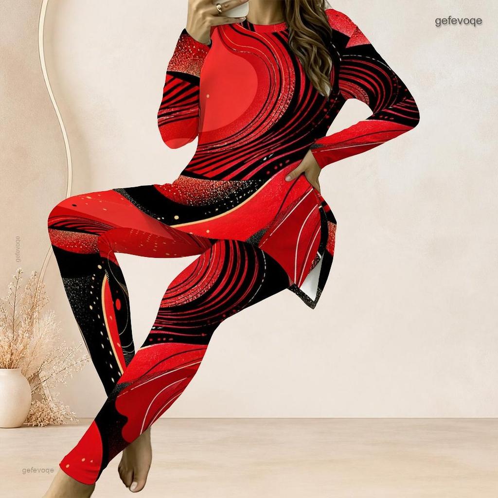 Women Plus Size Two Piece Pants Set Round Neck Long Sleeve Nebula Printed Longline Top And Fitted Pants