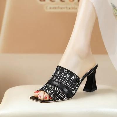 Mode 2024 Été Femme Pantoufles Talons Hauts Chaussures de Robe Pantoufle Bling Peep Toe Slides Cristal Or Transparent Mariage