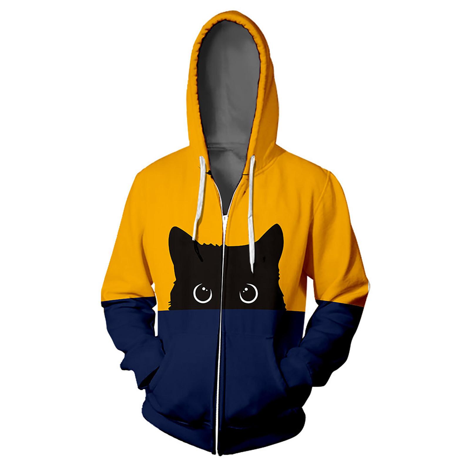 

(SU)Толстовка женская и мужская толстовка с принтом кота в стиле хип-хоп на молнии, спортивная куртка с длинными рукавами, пальто для пары XXXXL жёлтый