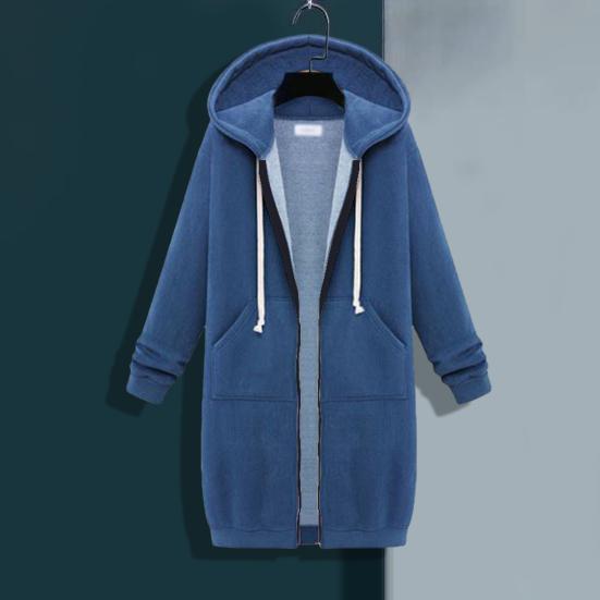 Women Sweatshirt Coat Hooded Adjustable Drawstring Long Sleeve Coat with Pockets Solid Color Mid-length Outerwear