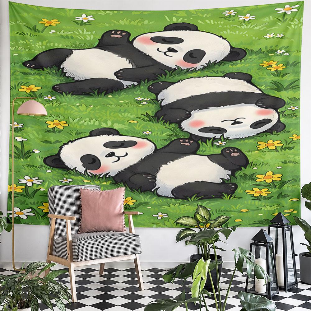 Playful Pandas On Green Meadow Pattern Wall Hanging Tapestry Decorative Tapestry Home Decor for Bedroom and Living Room
