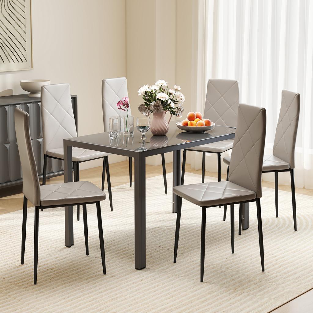 Set of 6 Modern High-Back Dining Chairs In Faux Leather and Steel. 41x50x97cm. Grey
