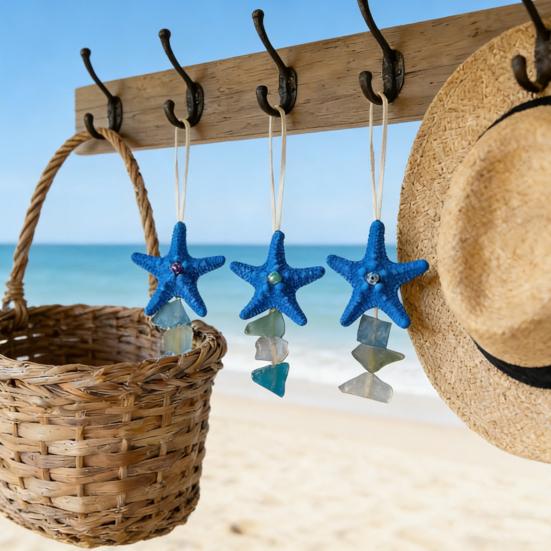 3Pcs Seaglass Hanging Decoration Handmade Bohemian Coastal Nautical Starfish Sea Glass Art Home Office Beach House Wall Ornament Pendant