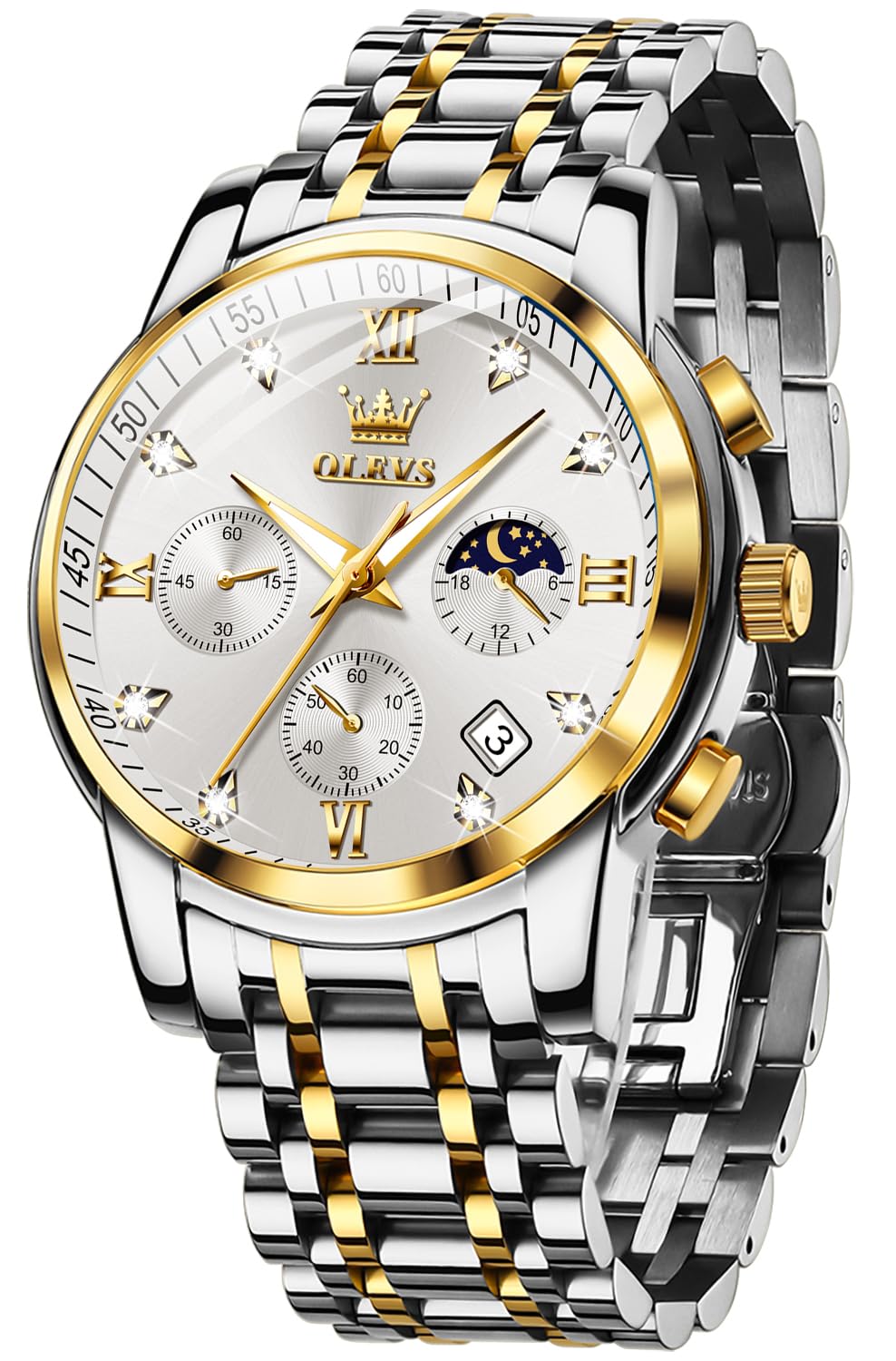 

Мужские часы OLEVS, Кварцевые, Фаза Луны, Таймер, Нержавеющая сталь, Водонепроницаемые, Люминесцентные, Дата, Часы для мужчин, Белые