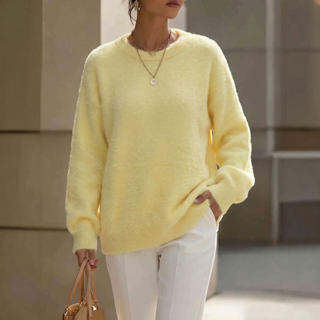 YYFS Women's Fashion Casual Fall Winter Solid Color Print Long Sleeve O-Neck Sweaters