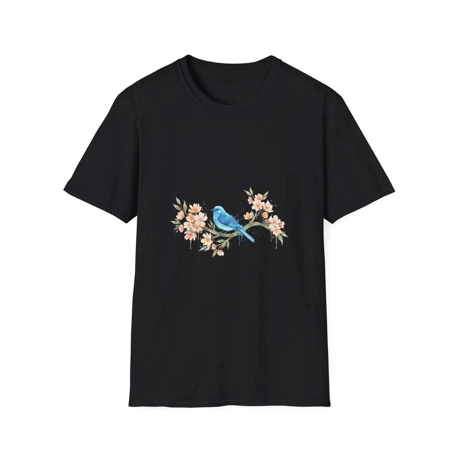 Blue Bird Flower Watercolor Nature Black Tee Aesthetic Graphic T-Shirt S
