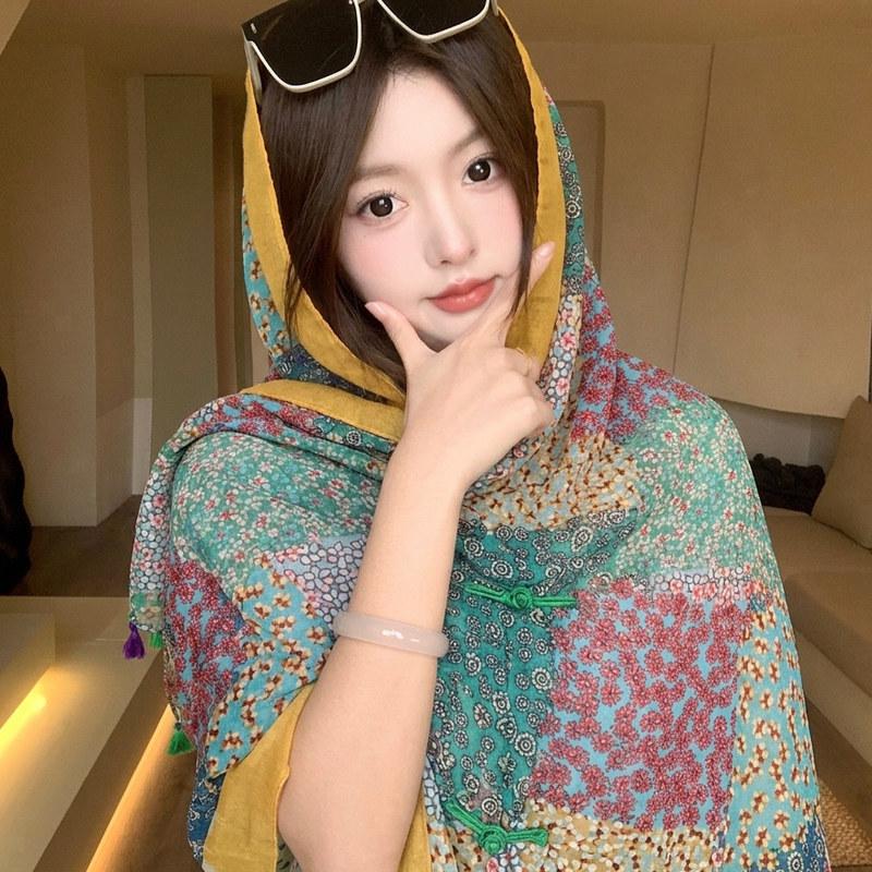 Small fresh white floral silk scarf women's summer travel buckle sunscreen large shawl beach towel thin yarn scarf scarf