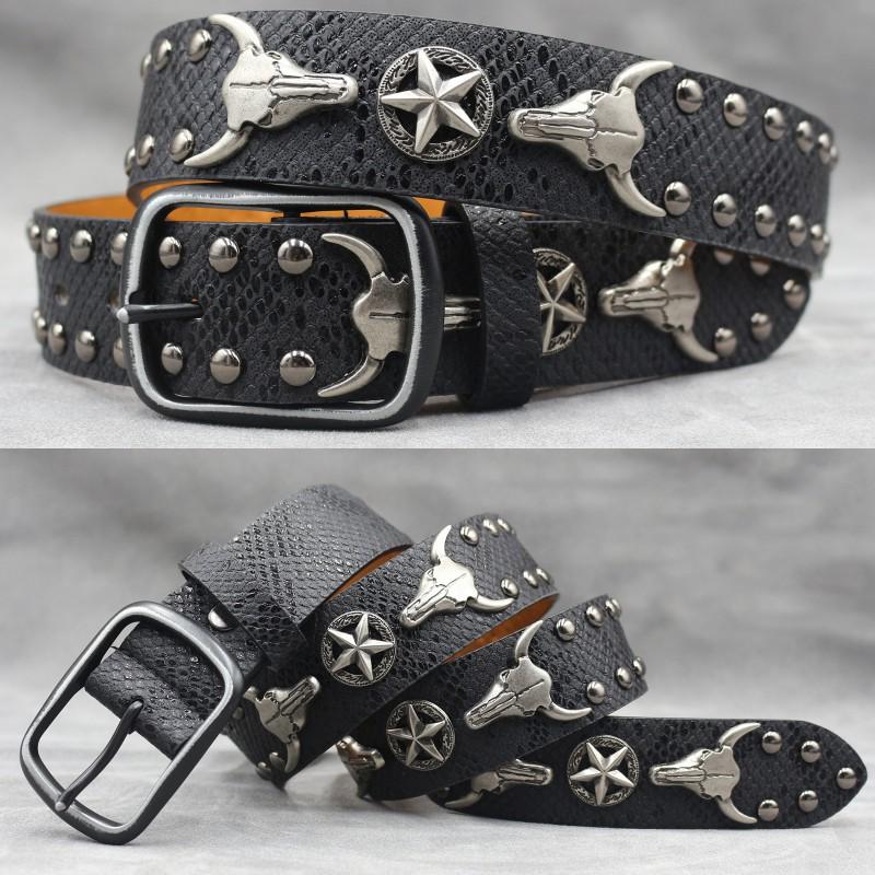 Original Punk Belt Men Women Skull Rivet Snake PU Leather Needle Buckle 105-125cm