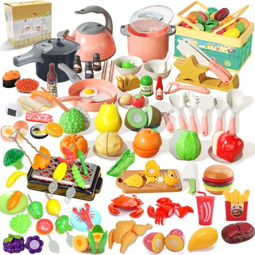 

UQTOO Pretend Play Kitchen Set for Kids, Educational Toy, Includes Sushi, Seafood, Vegetables, Fruits, and Cookware, Parent-Child Play, Kitchen Toy, G