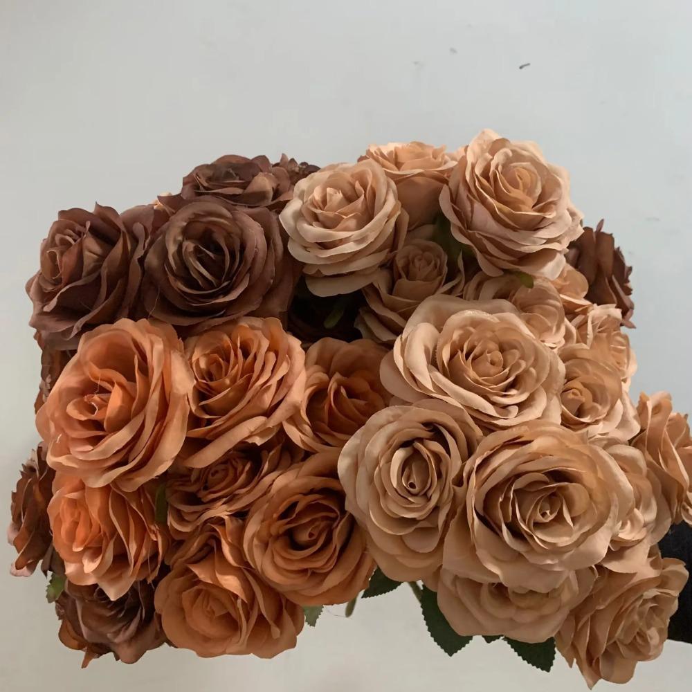 9Heads Roses Bouquet Artificial Flower Brown Coffee Rose Fake Rose Home Decoration Wedding