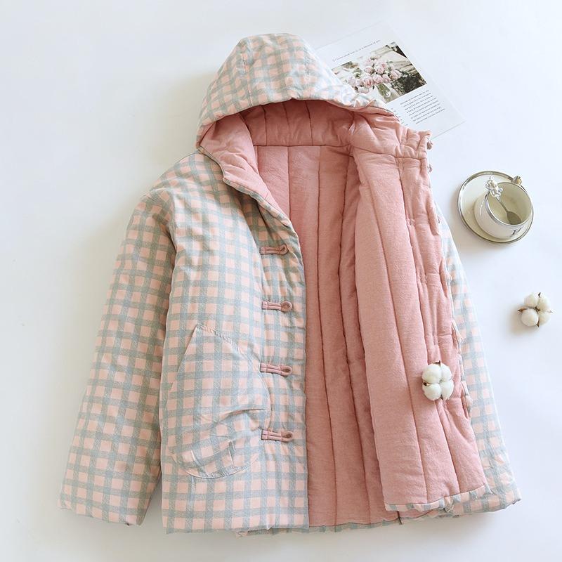 Fashion winter plaid hooded cotton-padded jacket to keep warm Chinese handmade cotton-padded jacket