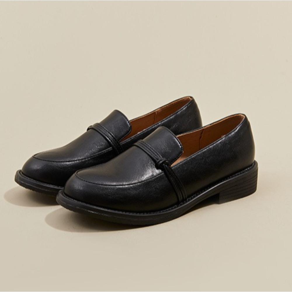 Leather Shoes for Women's  Spring and Autumn Retro Loafers Round Toe Flat Bottomed Pumps Black Heels Women Ladies Shoes