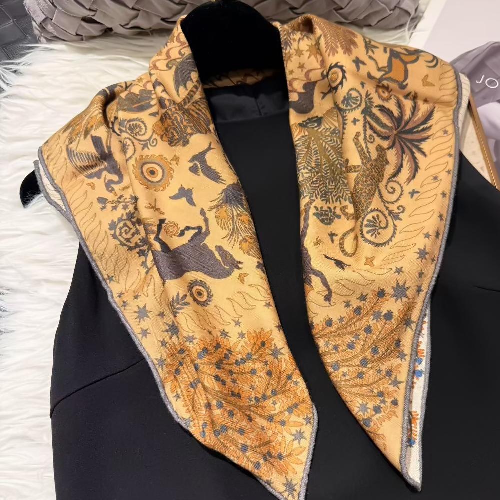 BYSIFA| Winter Brand Women Silk Scarves Hijabs Elegant Red Coffee Square 30% Silk 70% Wool Scarf Printed Neck Scarves 70*70cm