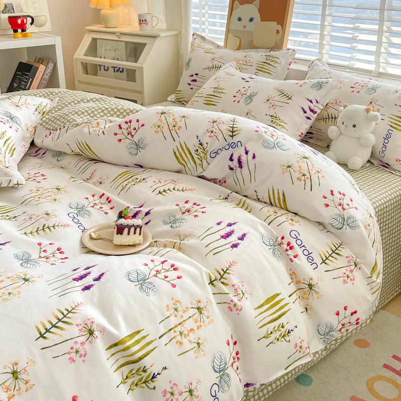 Pastoral Style Plant Cashmere Print Four-piece Bedding Set Dormitory Fresh Bed Sheet Three-piece Set