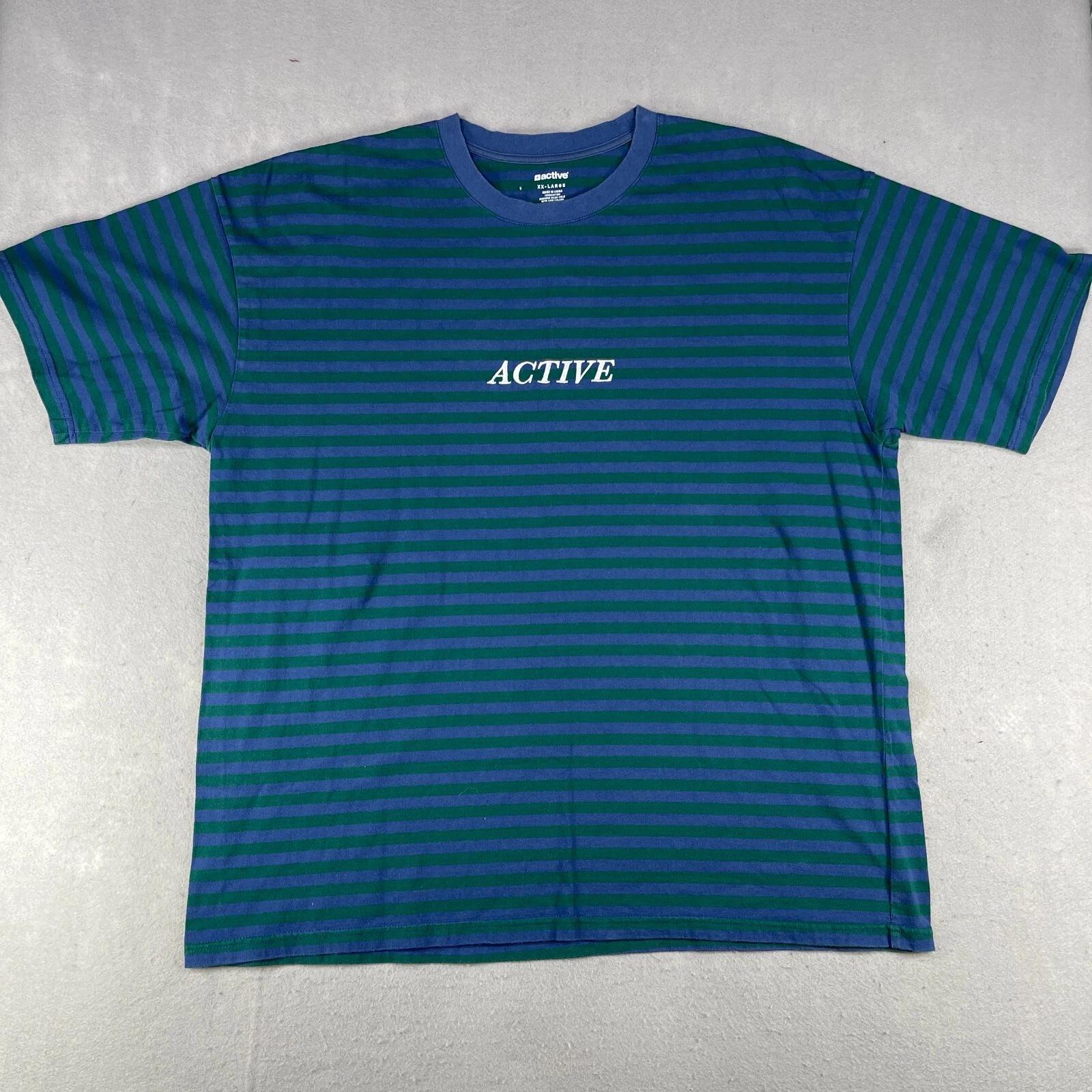 

Active Ride Shop T-Shirt Men s 2XL Navy Green Striped 100% Cotton Crew Neck Logo L