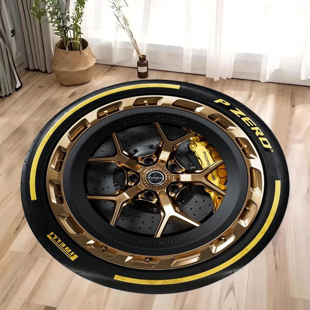 Autofelge Goldakzent Design Teppichmatte Anti-Rutsch Gummirückseite Teppich Metallisches Finish für Garage Heimdekoration Sportlicher Stil