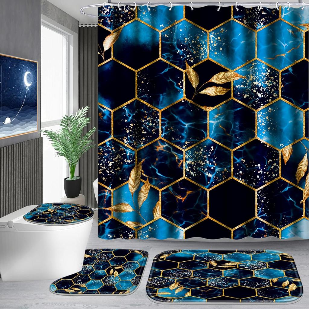4Pcs Black Marble Shower Curtain Sets with Rugs Gold Bathroom Sets with Shower Curtain and Toilet Lid Cover Modern Bathroom Deco