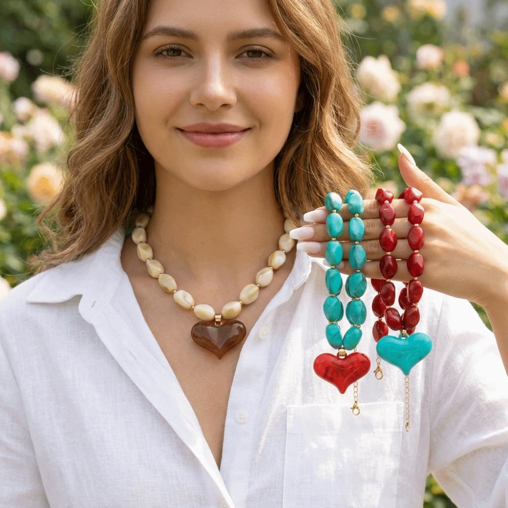 Colorful Heart Pendant Necklace Multi-Color Statement Jewelry Unique Bead Choker  Vacation Wear