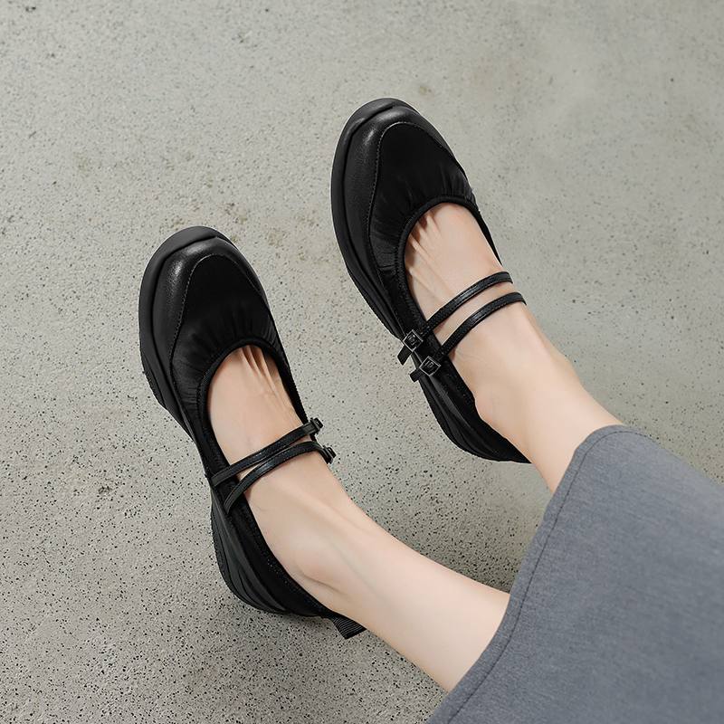 Krazing Pot Dámské tenisky s kulatou špičkou a středním podpatkem z hovězí kůže, s přezkami a pásky