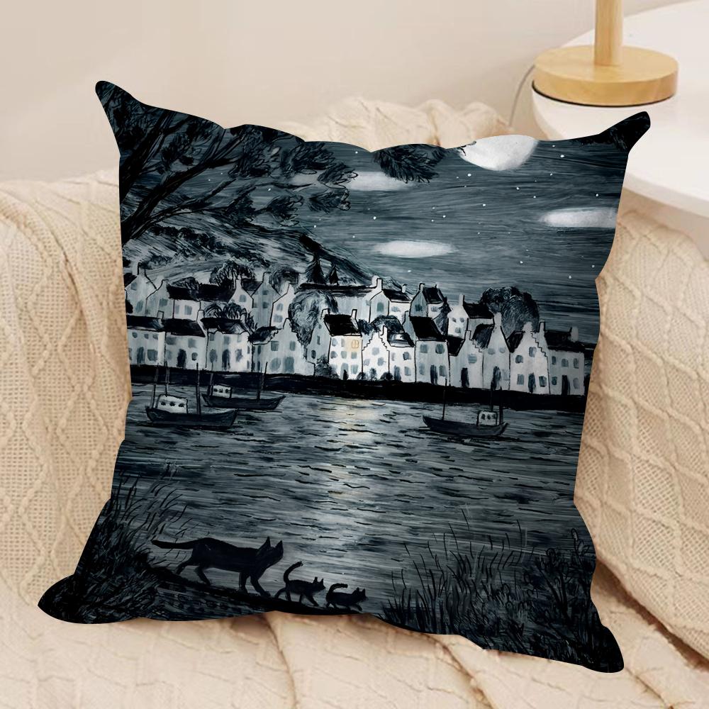 Black Cat Night Cool Cushion Cover Silky Short Plush Invisible Zipper Dustproof Sofa Pillow Case For Home Decor