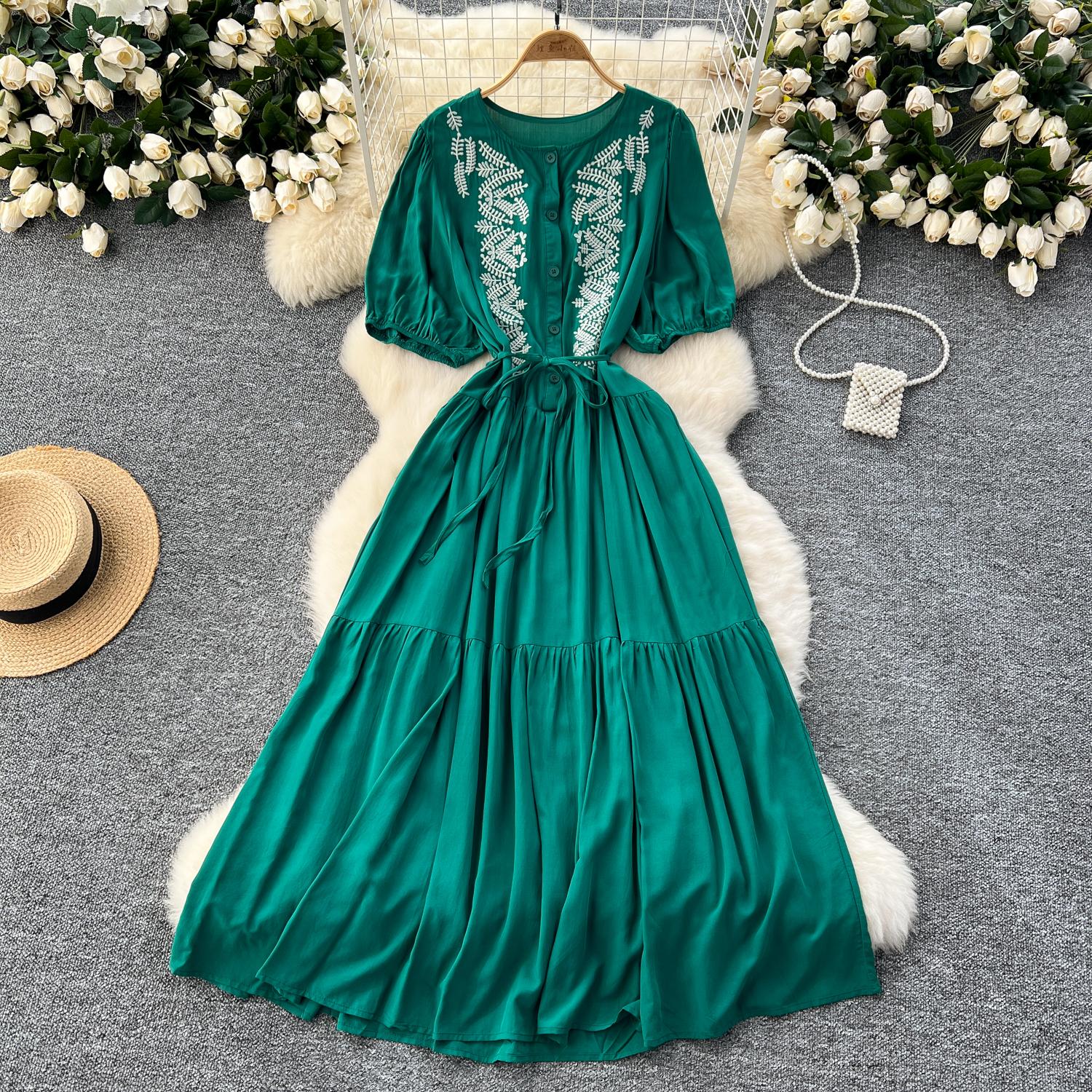 

Винтажное платье с круглым вырезом для женщин с рукавами-фонариками, вышитыми шнуровкой, платья А-силуэта, однотонные лоскутные пуговицы, летнее платье One Size зелёный