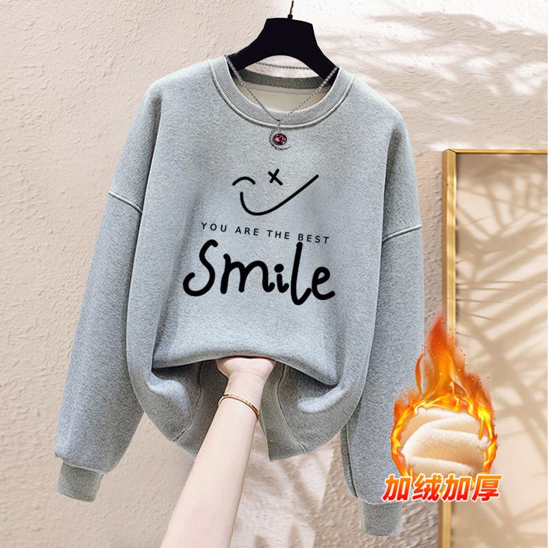 Autumn and winter velvet thickened trendy letter hoodless sweater women's pure cotton oversize Korean version of student loose coat