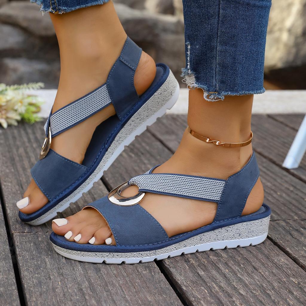 Large-sized Women's Slippers, Metal Buckle Decorated Hemp Rope Wedge Heel Fish-mouth Sandals for Women