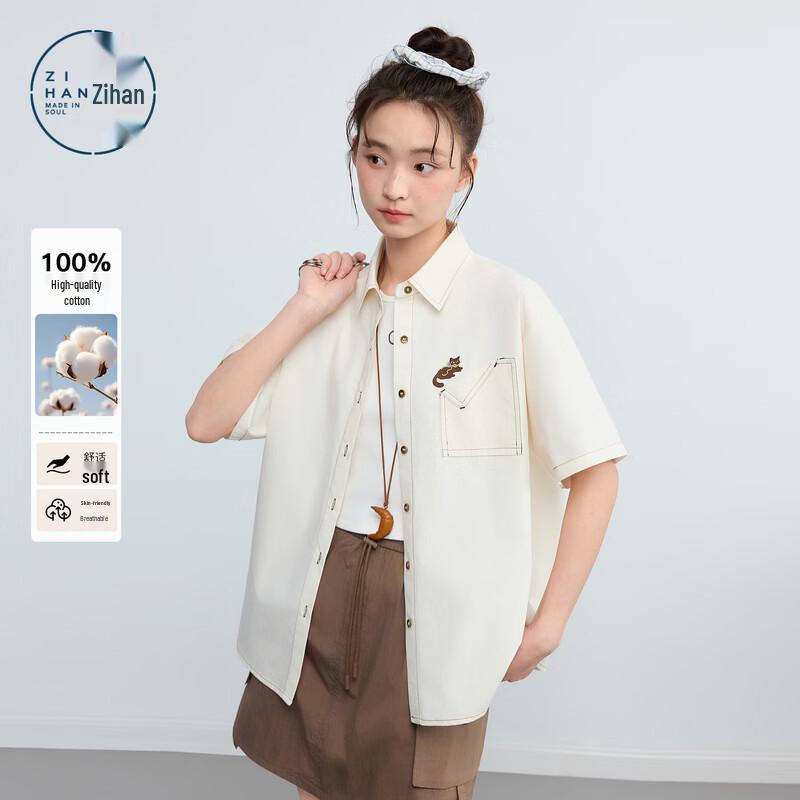 Women s Cotton Cat Embroidered Short-Sleeve Shirt M