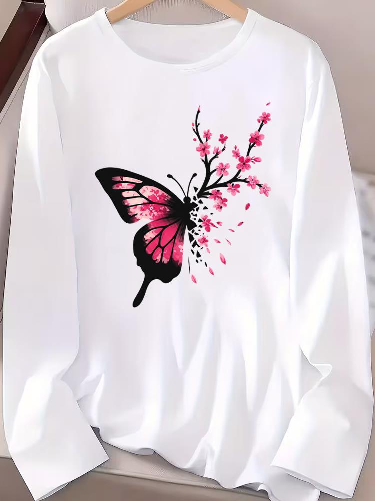 (Asian Size) butterfly style Long Sleeve T-shirts Casual Clothing Women o-neck Print T Shirt autumn winter spring Fashion Top Graphic Tee