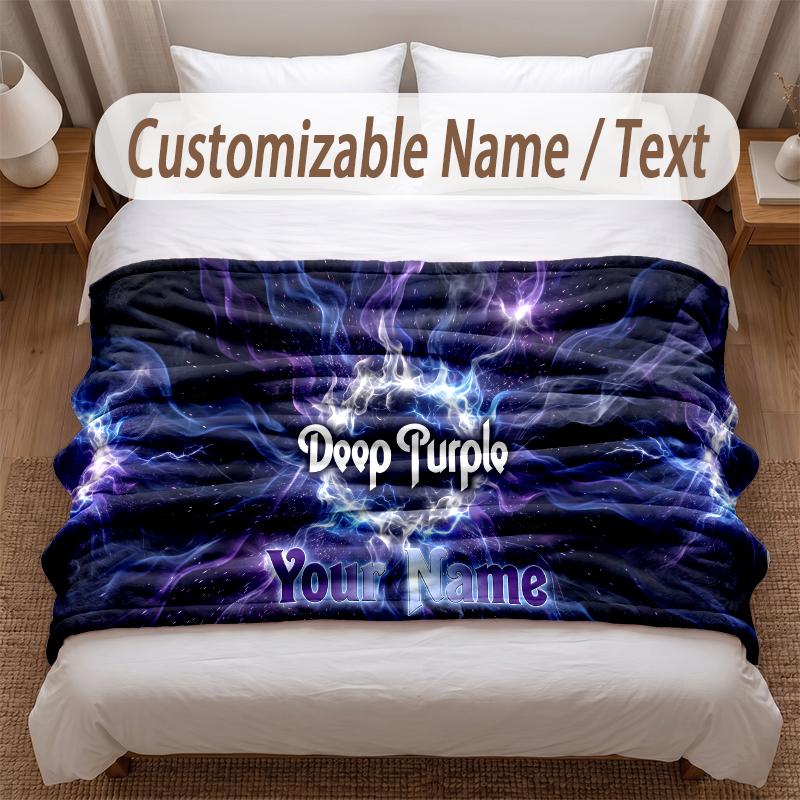 Deep Purple Printed Flannel Blanket Custom Name Text Soft Warm Throw For Bedroom Holiday Gift