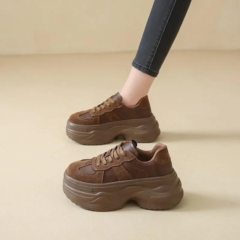 Fashion 7.5CM Single Shoe Women Spring Autumn Thick Leather Heightened Thick Sole Lace-up Sneakers Retro Oxford Shoes Women Casual Shoes