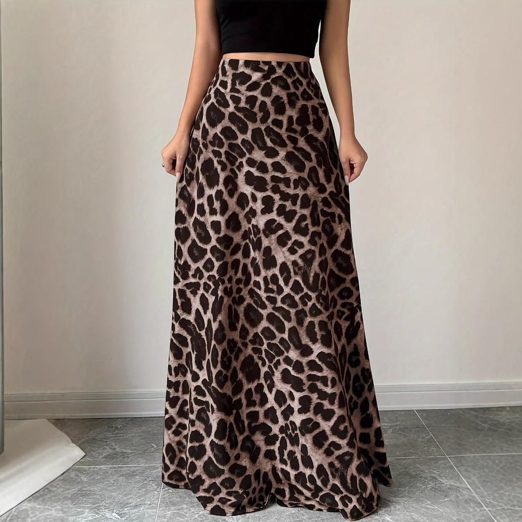 Retro High-end Fashion Leopard Print Skirt Women's Summer Temperament Leopard Print High Waist Thin A Word Medium and Long Skirt