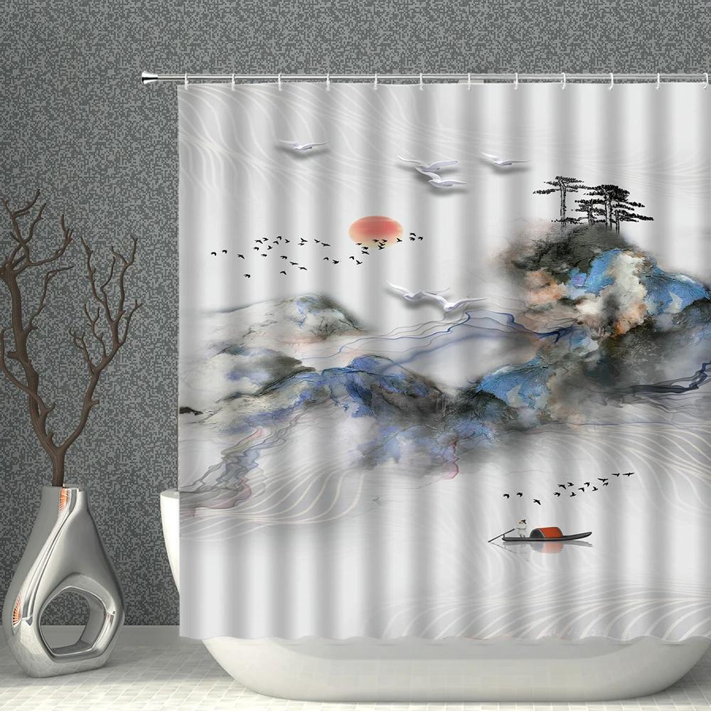 

Chinese Ink Painting Mountain Landscape Plant Flower Printing Pattern Household Decoration Waterproof Polyester Fabric With Hook W90XH180cm