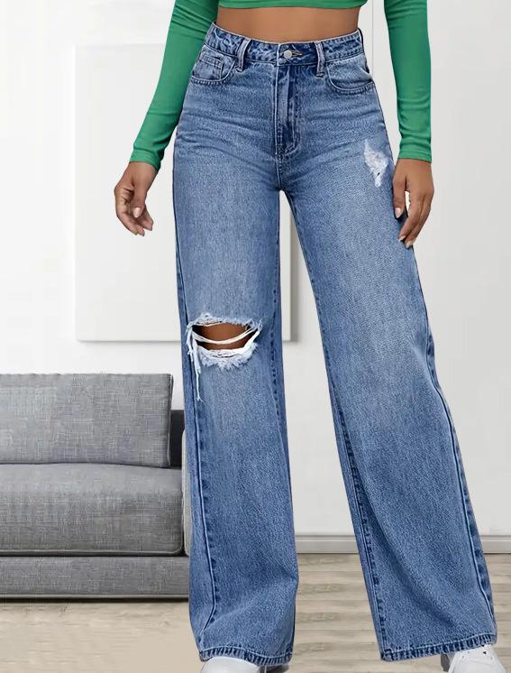 Trendy Women s Light Blue High-Waist Ripped Wide-Leg Jeans Medium