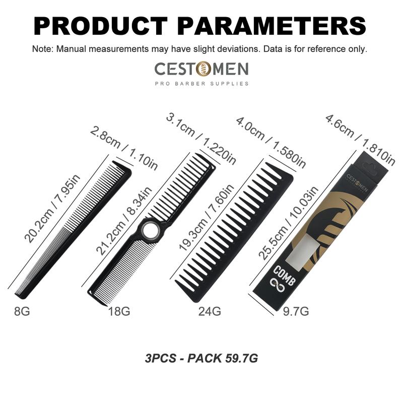3Pcs Professional Barber Comb Set with Rotating Ball Bearing - Wide & Fine Tooth Cutting Comb Taper Comb Kit for Salon & Home