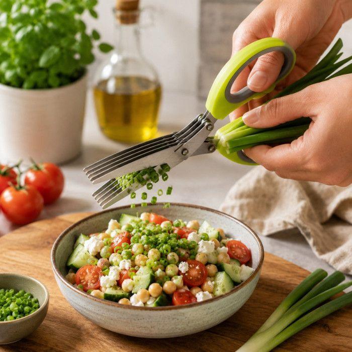Ciseaux à Herbes 5 Lames 19 cm en Acier Inoxydable – Coupe, Hache et Émince avec Poignée Ergonomique
