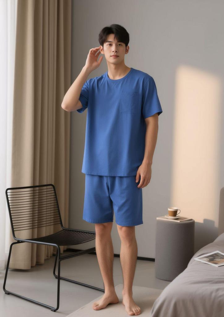 Men's Loose Fit Pajama Set - Short Sleeve & Shorts, Solid Color