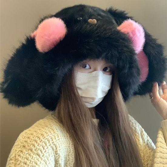Winter Hat Rabbit Ear Decor Lace-up Elastic Warm Hat Winter Thickened Plush Windproof Lei Feng Hat Cold Weather Hat